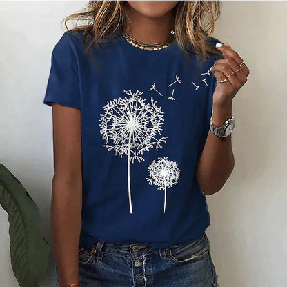 Dames T-shirt Korte Mouw met Ronde Hals en Paardenbloem Print