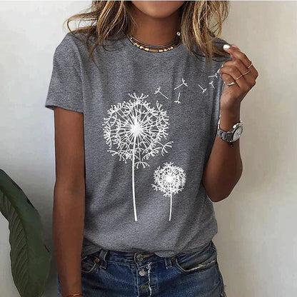 Dames T-shirt Korte Mouw met Ronde Hals en Paardenbloem Print