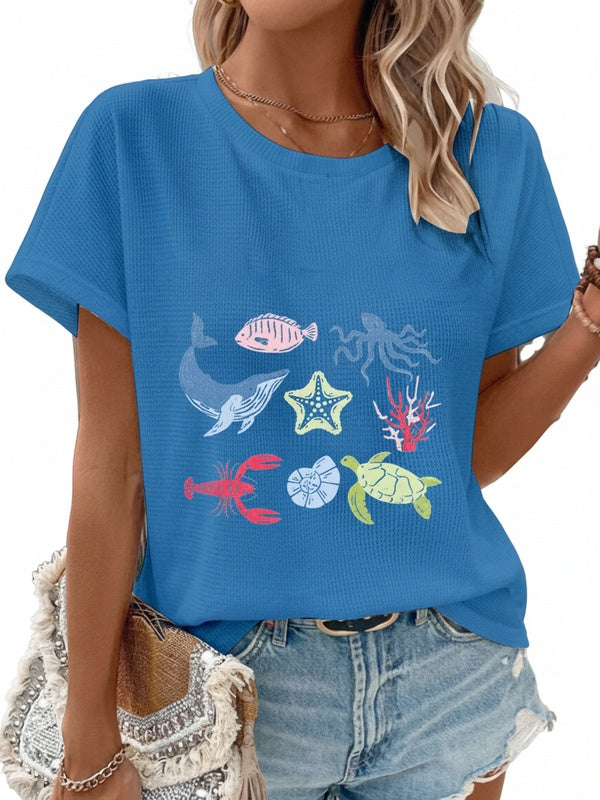 Dames T-shirt Korte Mouw met Ronde Hals en Zeedieren Print