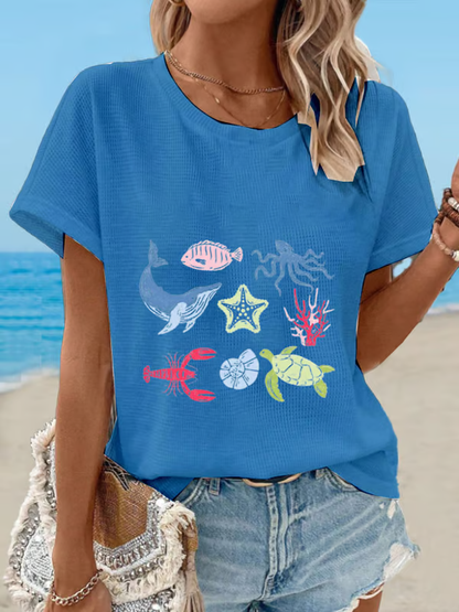 Dames T-shirt Korte Mouw met Ronde Hals en Zeedieren Print