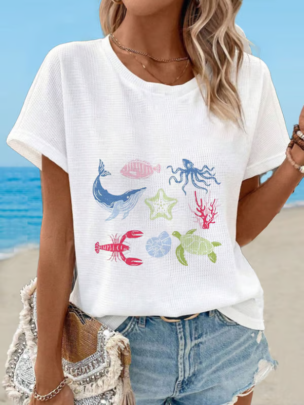 Dames T-shirt Korte Mouw met Ronde Hals en Zeedieren Print