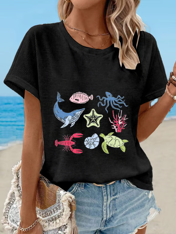 Dames T-shirt Korte Mouw met Ronde Hals en Zeedieren Print