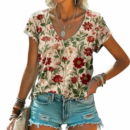 Dames T-Shirt Korte Mouw met V-hals en Vintage Bloemenprint