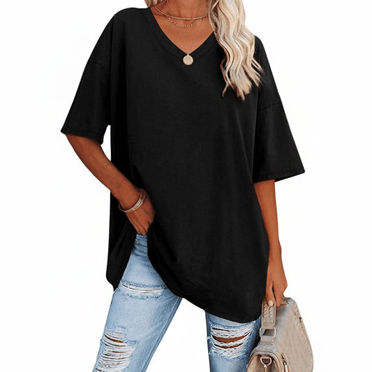 Dames T-shirt met V-hals en Korte Mouwen Oversized