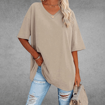 Dames T-shirt met V-hals en Korte Mouwen Oversized Beige