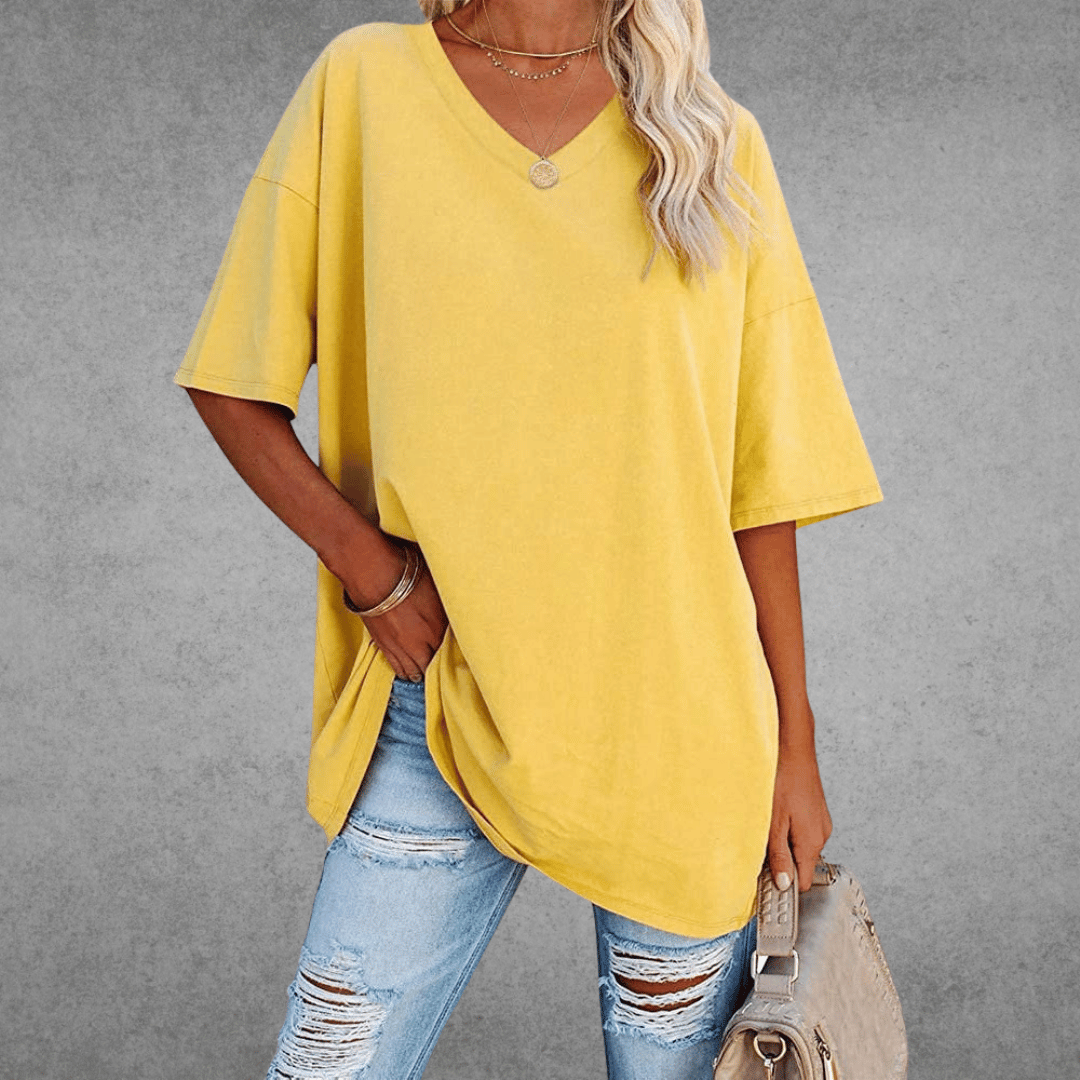 Dames T-shirt met V-hals en Korte Mouwen Oversized Geel
