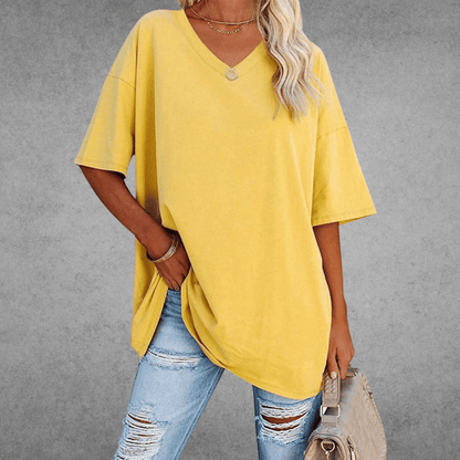 Dames T-shirt met V-hals en Korte Mouwen Oversized Geel