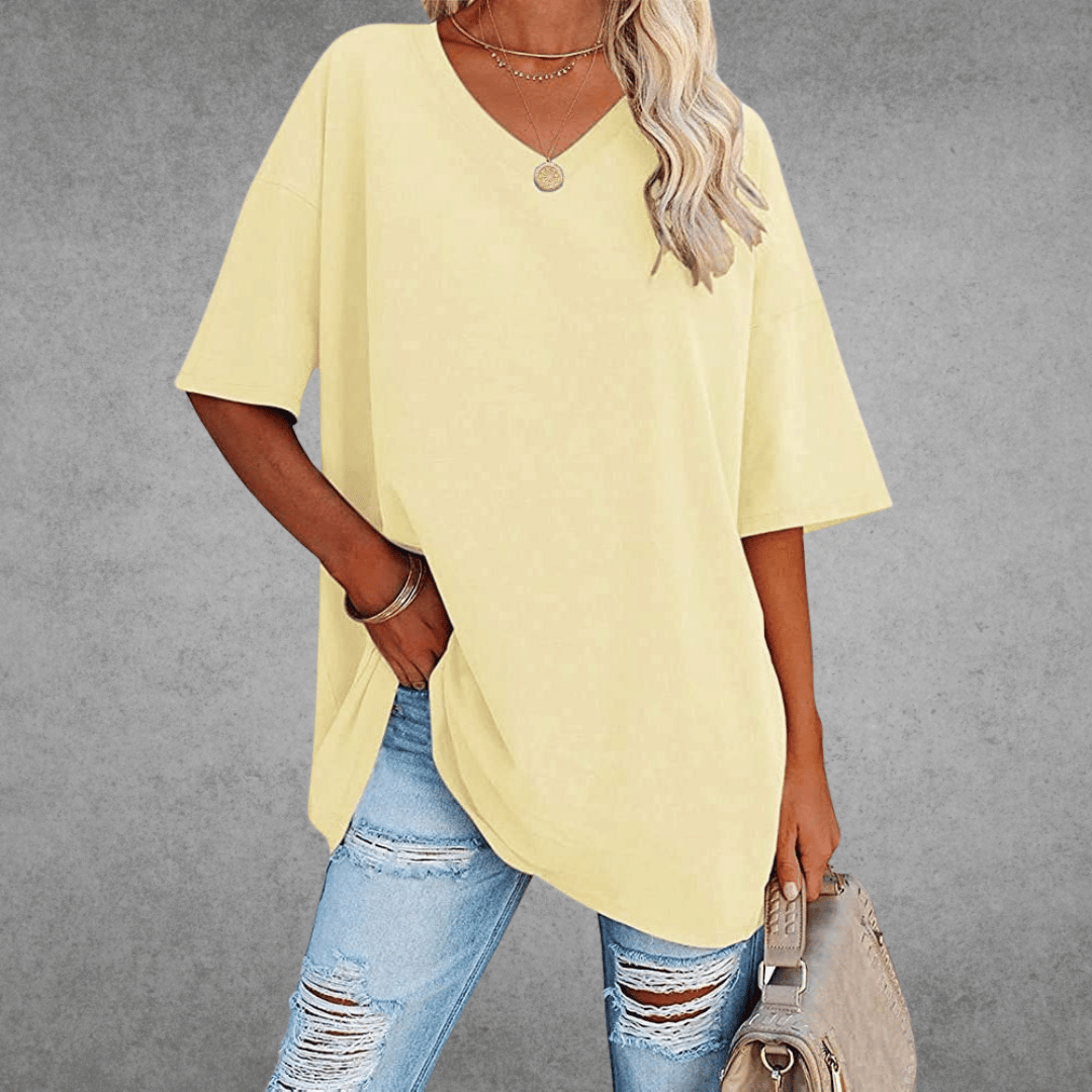 Dames T-shirt met V-hals en Korte Mouwen Oversized Lichtgeel