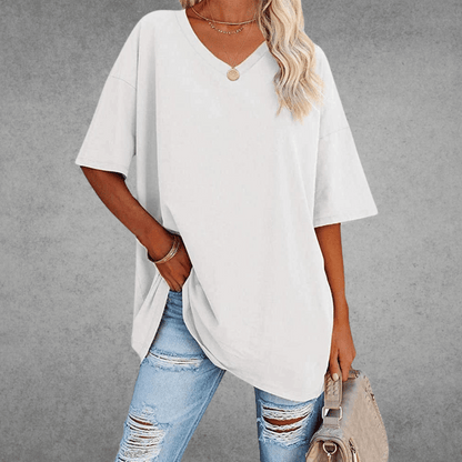 Dames T-shirt met V-hals en Korte Mouwen Oversized Wit