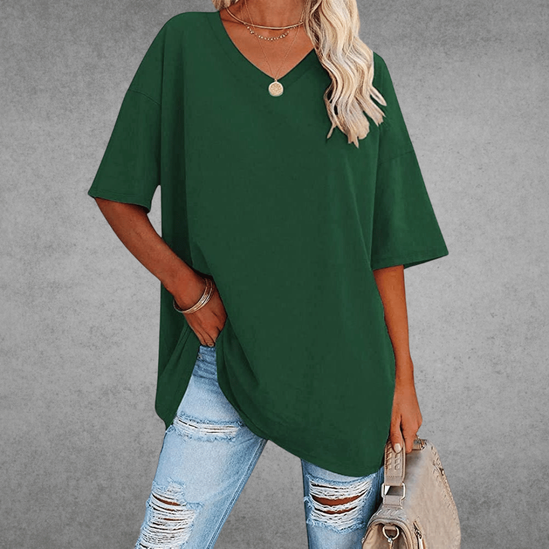 Dames T-shirt met V-hals en Korte Mouwen Oversized Donkergroen