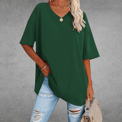 Dames T-shirt met V-hals en Korte Mouwen Oversized Donkergroen
