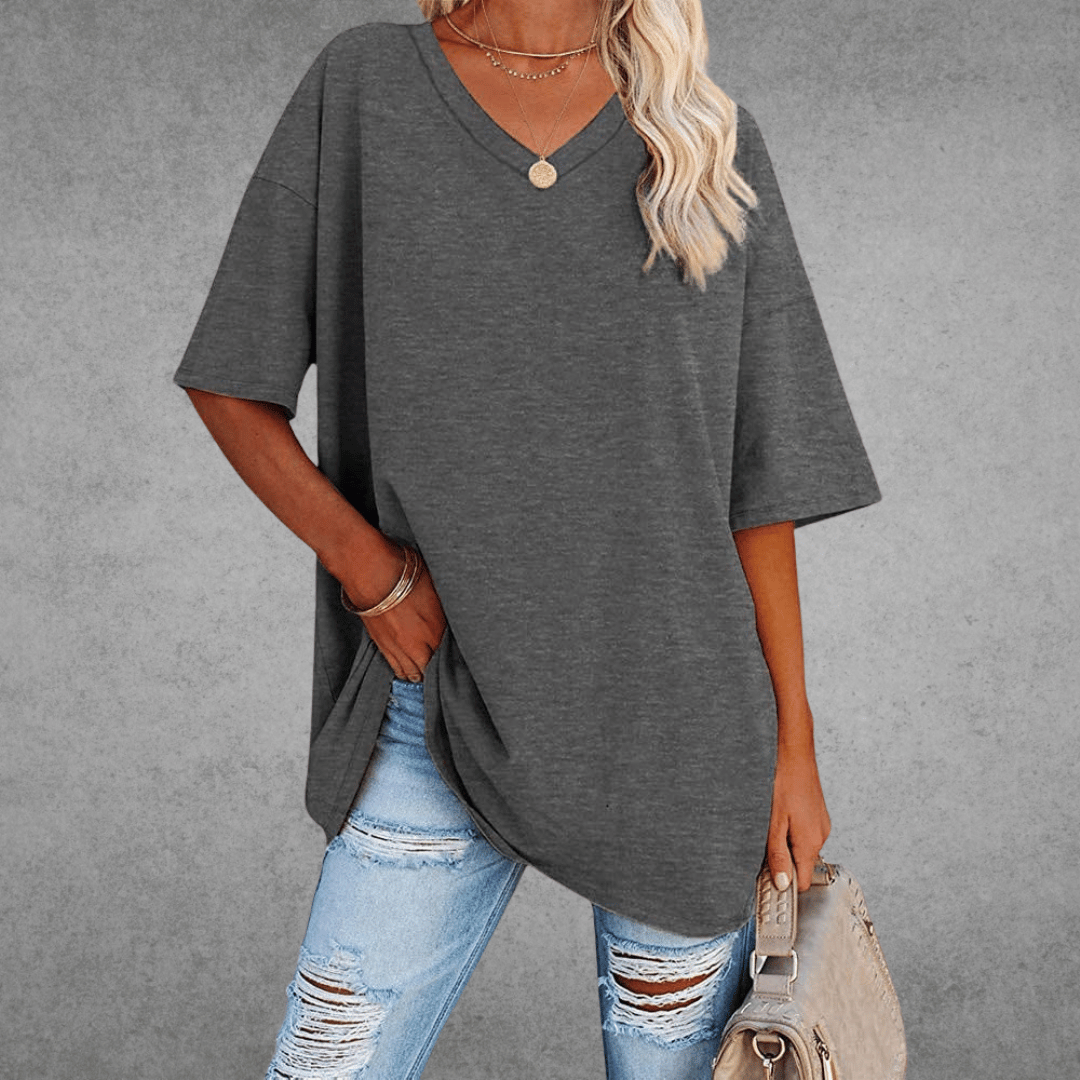 Dames T-shirt met V-hals en Korte Mouwen Oversized Donkergrijs