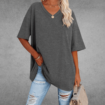 Dames T-shirt met V-hals en Korte Mouwen Oversized Donkergrijs