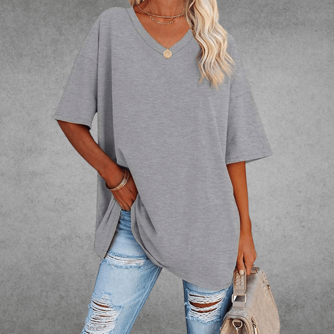 Dames T-shirt met V-hals en Korte Mouwen Oversized Lichtgrijs