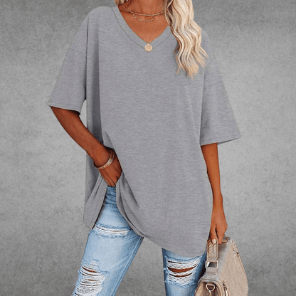 Dames T-shirt met V-hals en Korte Mouwen Oversized Lichtgrijs