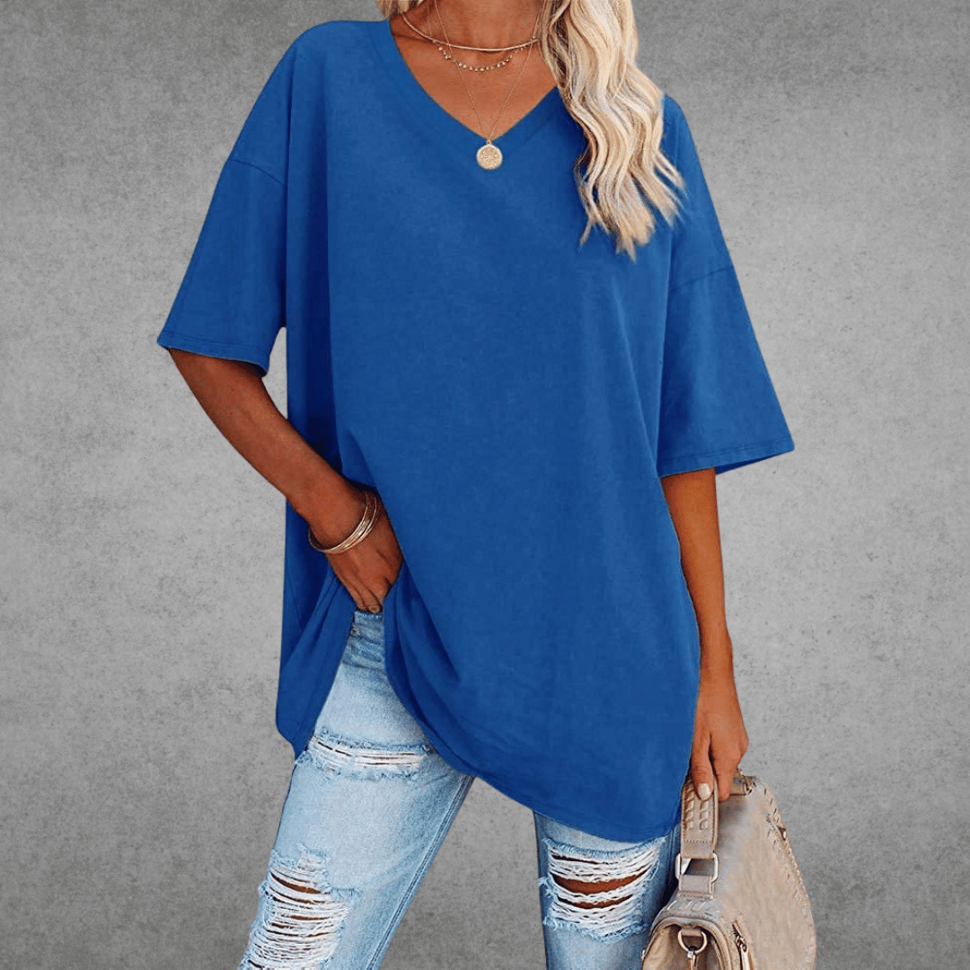 Dames T-shirt met V-hals en Korte Mouwen Oversized Blauw