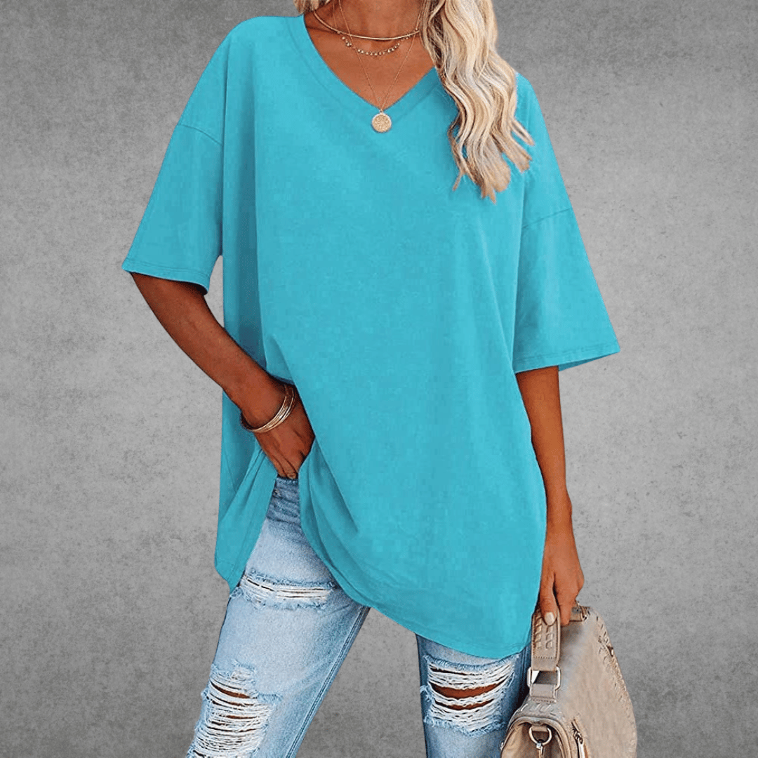 Dames T-shirt met V-hals en Korte Mouwen Oversized Lichtblauw