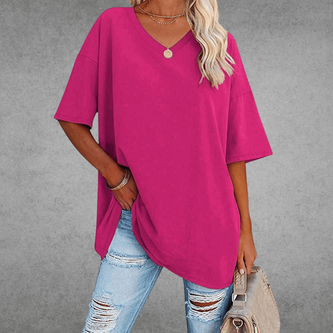 Dames T-shirt met V-hals en Korte Mouwen Oversized Fuchsia