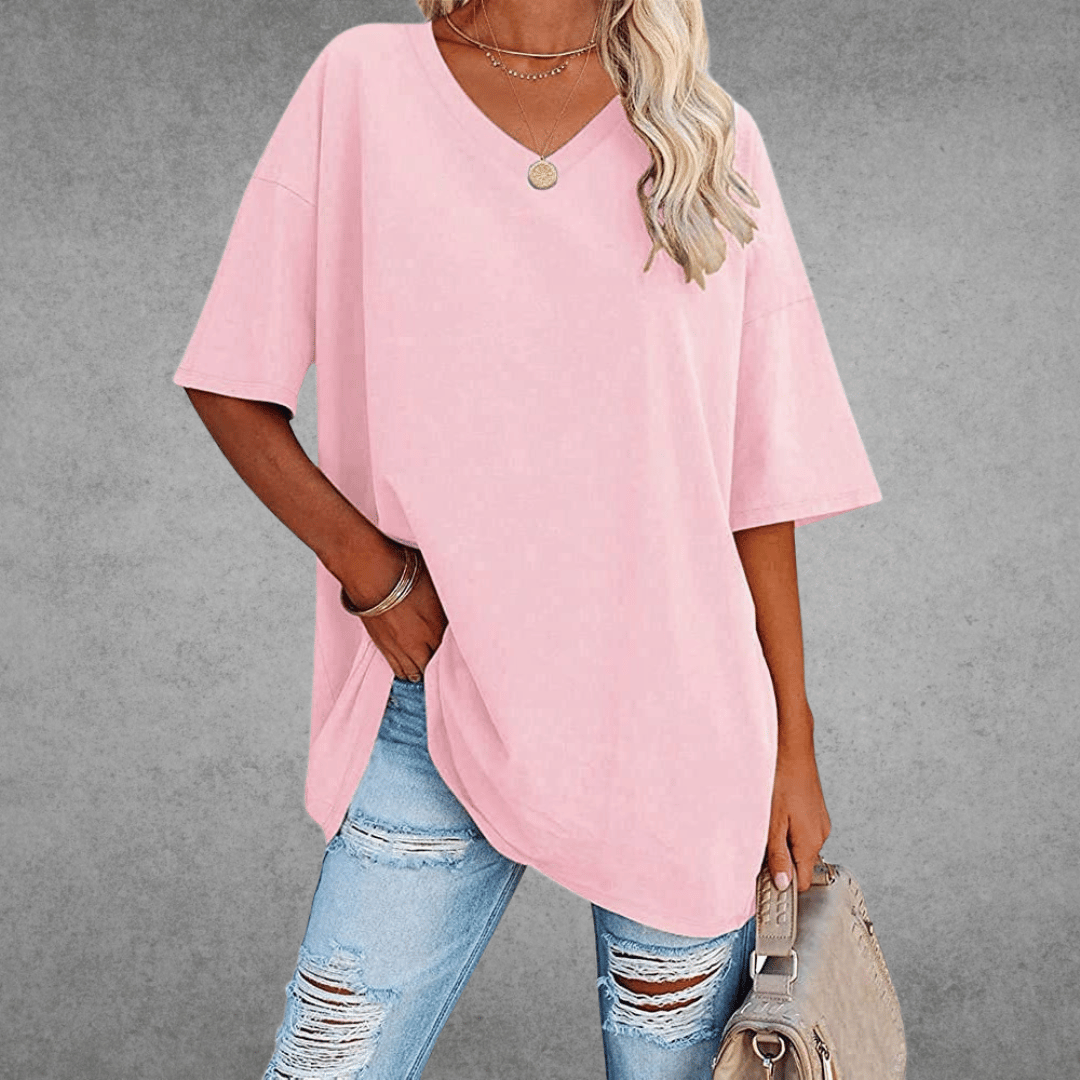 Dames T-shirt met V-hals en Korte Mouwen Oversized Roze