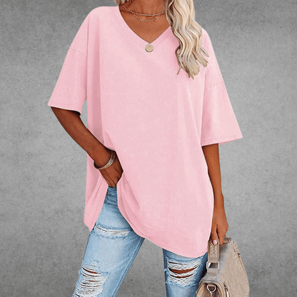 Dames T-shirt met V-hals en Korte Mouwen Oversized Roze