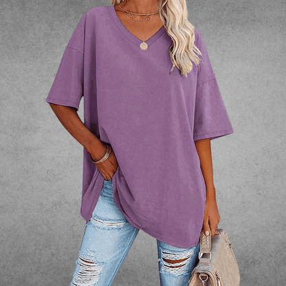 Dames T-shirt met V-hals en Korte Mouwen Oversized Paars