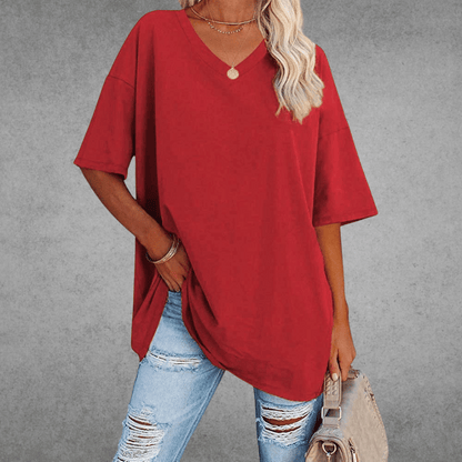 Dames T-shirt met V-hals en Korte Mouwen Oversized Rood