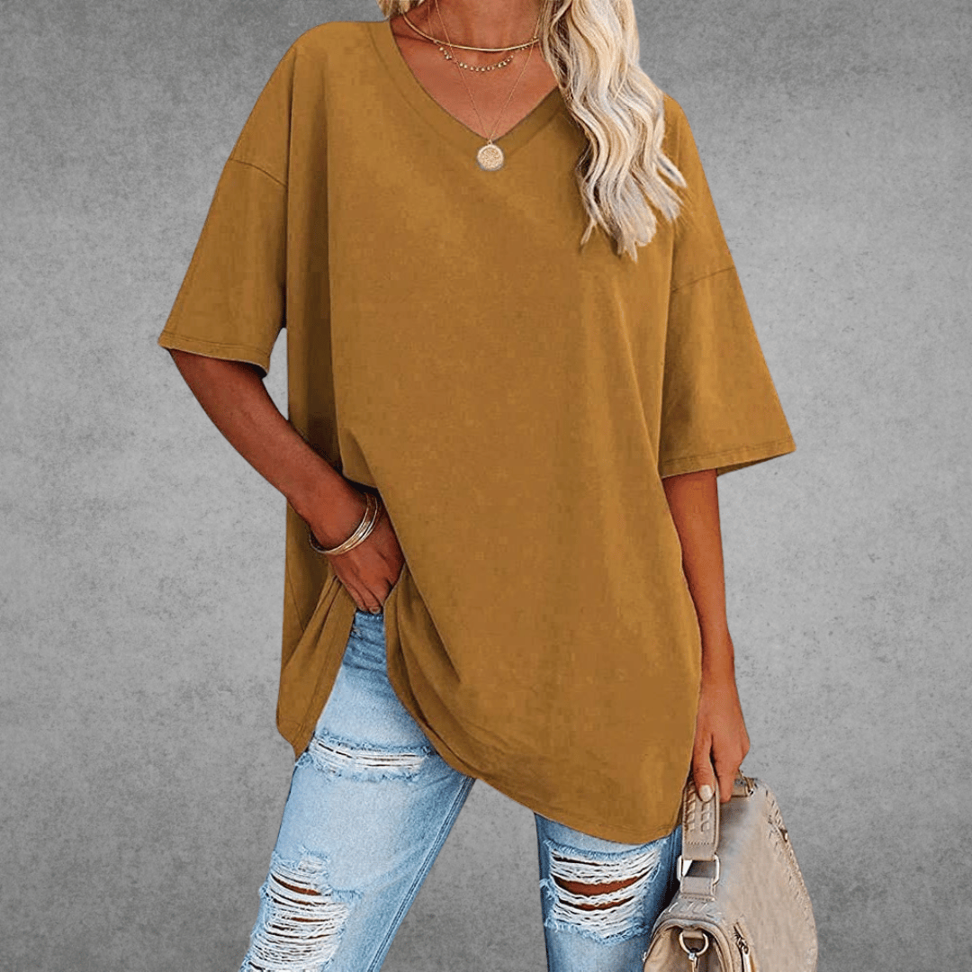 Dames T-shirt met V-hals en Korte Mouwen Oversized Bruin