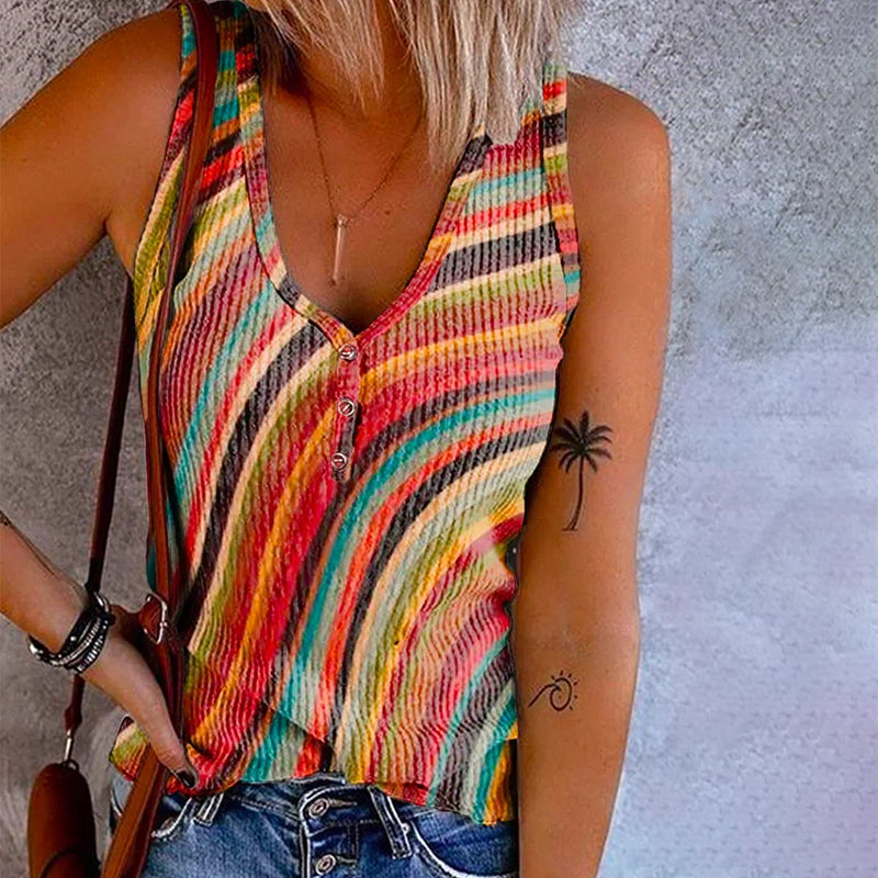 Dames Tank Top Gestreept Mouwloos met V-hals en Knoopdetail Regenboog