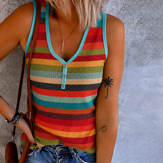 Dames Tank Top Gestreept Mouwloos met V-hals en Knoopdetail