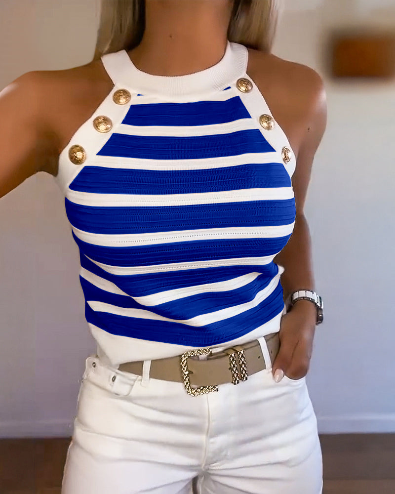 Dames Tank Top Mouwloos met Halter Hals, Strepen en Gouden Knopen