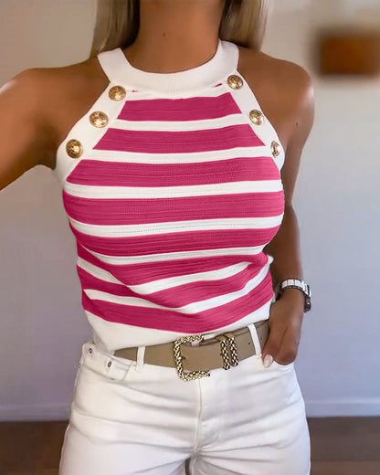 Dames Tank Top Mouwloos met Halter Hals, Strepen en Gouden Knopen