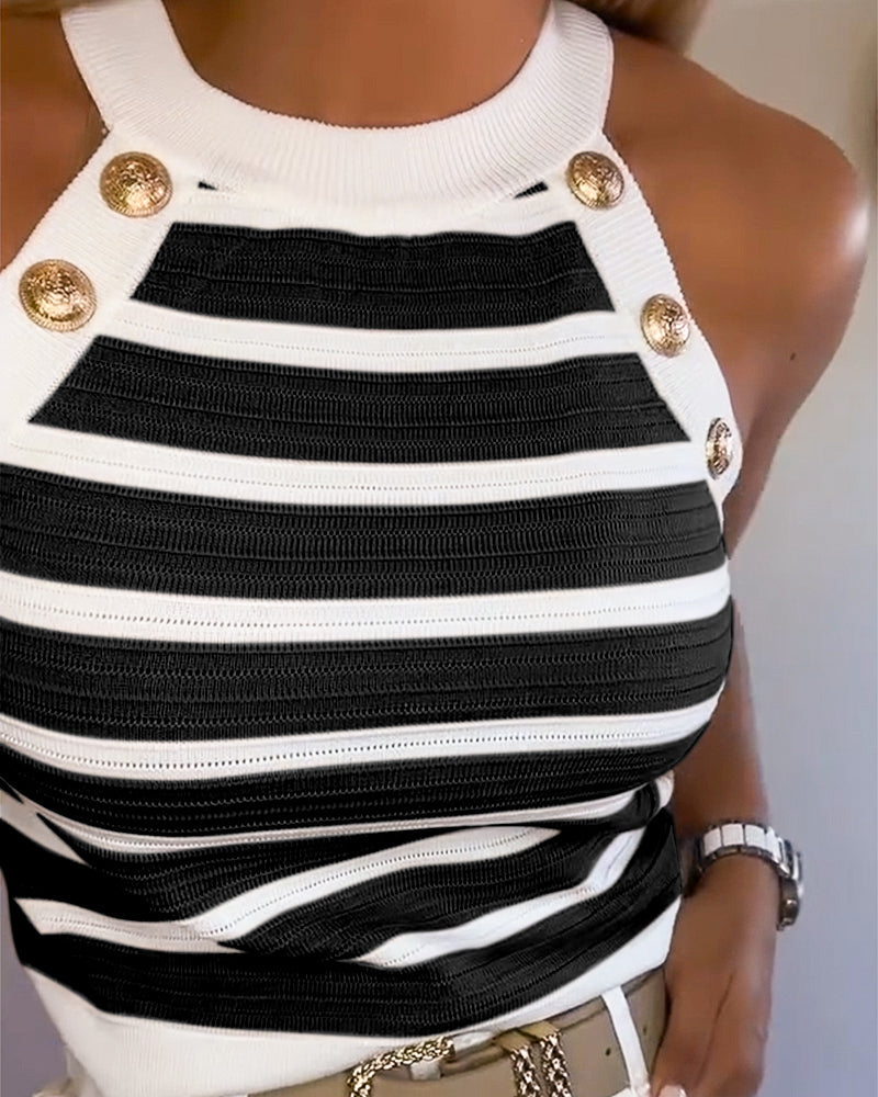 Dames Tank Top Mouwloos met Halter Hals, Strepen en Gouden Knopen
