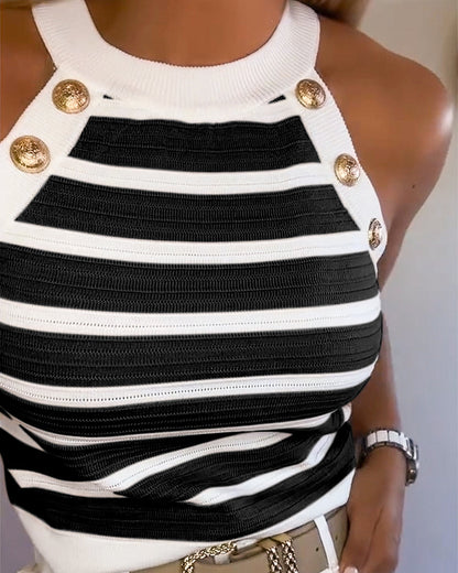 Dames Tank Top Mouwloos met Halter Hals, Strepen en Gouden Knopen