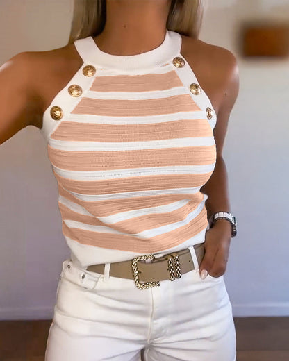 Dames Tank Top Mouwloos met Halter Hals, Strepen en Gouden Knopen