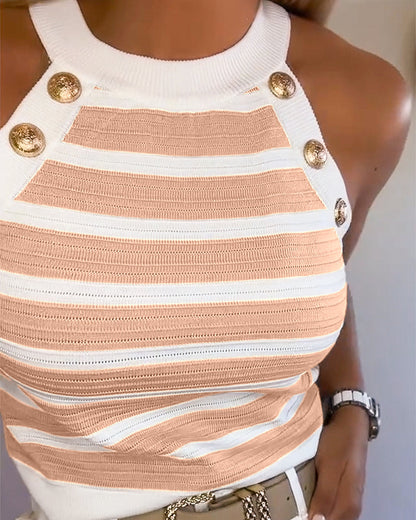 Dames Tank Top Mouwloos met Halter Hals, Strepen en Gouden Knopen