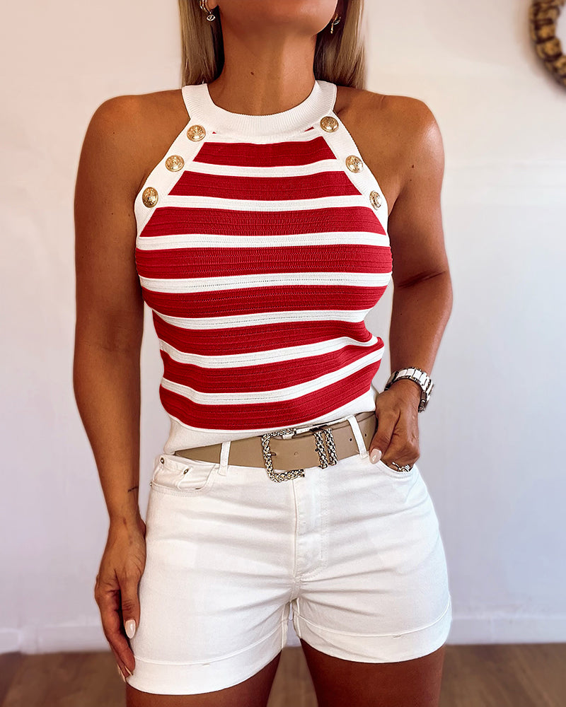 Dames Tank Top Mouwloos met Halter Hals, Strepen en Gouden Knopen