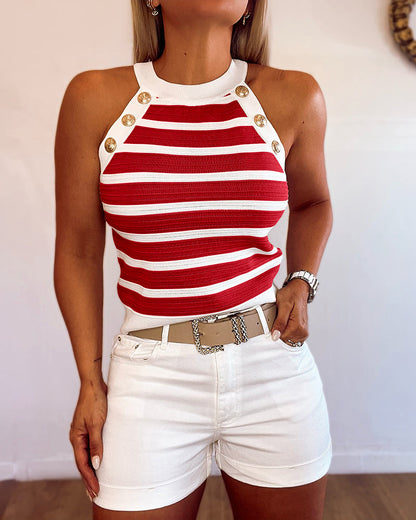Dames Tank Top Mouwloos met Halter Hals, Strepen en Gouden Knopen