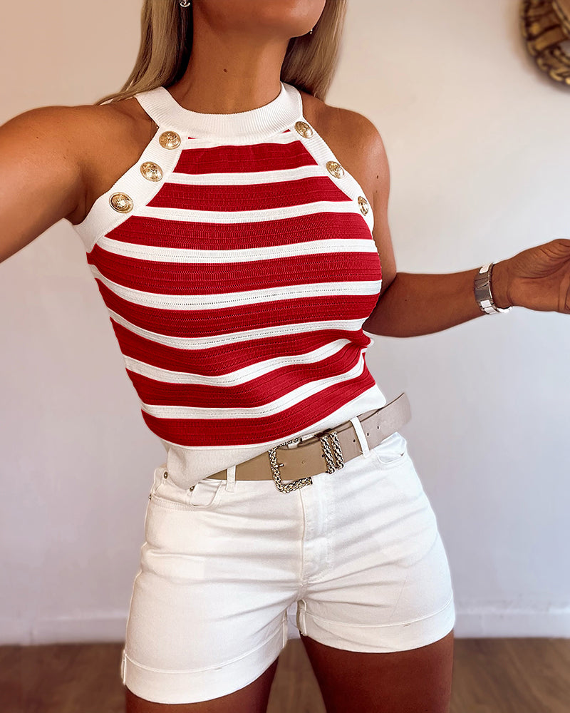 Dames Tank Top Mouwloos met Halter Hals, Strepen en Gouden Knopen