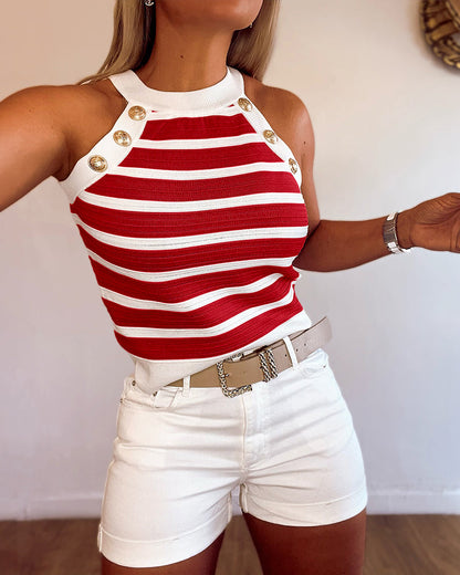 Dames Tank Top Mouwloos met Halter Hals, Strepen en Gouden Knopen