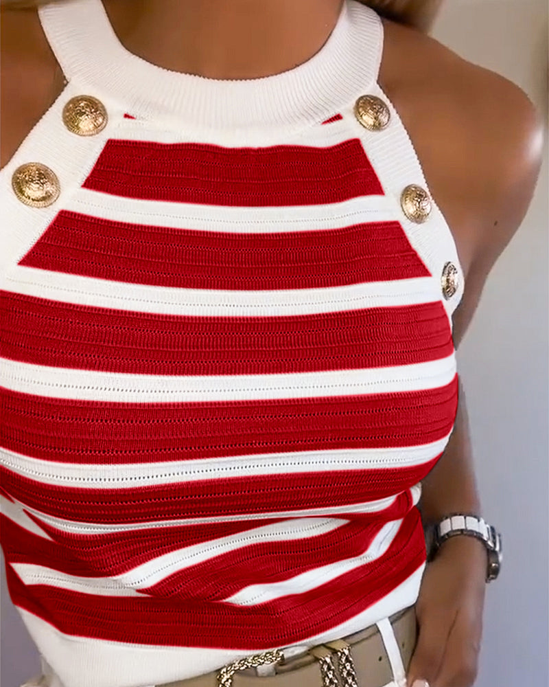 Dames Tank Top Mouwloos met Halter Hals, Strepen en Gouden Knopen