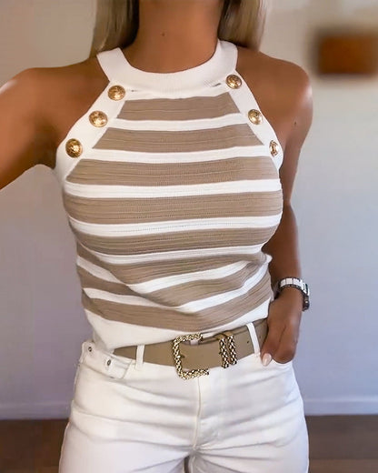 Dames Tank Top Mouwloos met Halter Hals, Strepen en Gouden Knopen