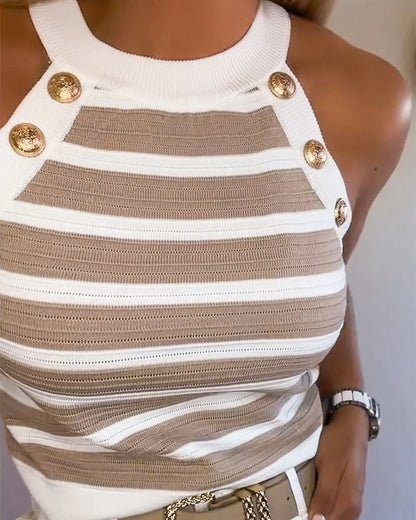 Dames Tank Top Mouwloos met Halter Hals, Strepen en Gouden Knopen