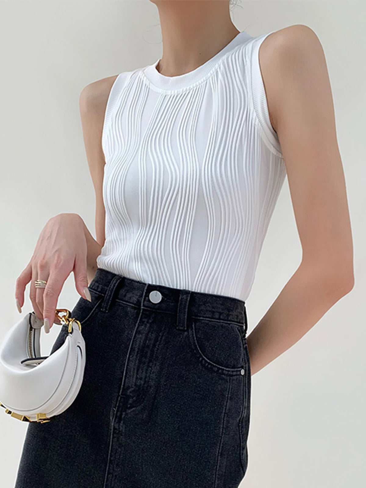 Dames Tank Top Mouwloos met Ronde Hals en Golvende Textuur Slim Fit