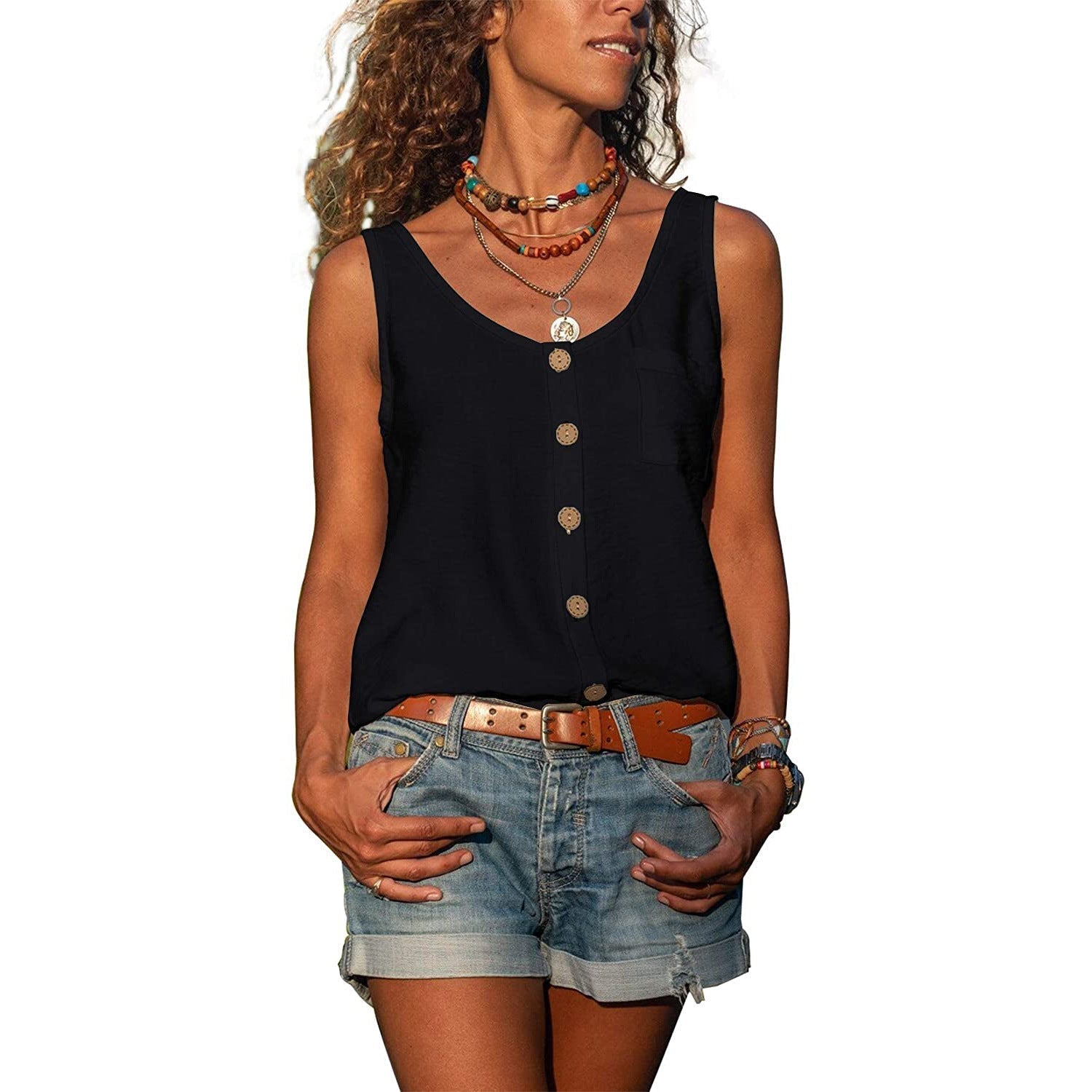 Dames Tank Top Mouwloos met U-hals en Knoopsluiting Zwart