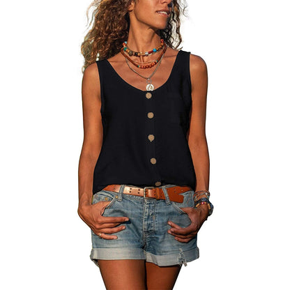 Dames Tank Top Mouwloos met U-hals en Knoopsluiting Zwart