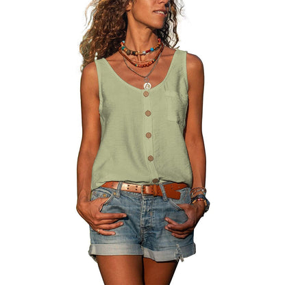 Dames Tank Top Mouwloos met U-hals en Knoopsluiting Groen