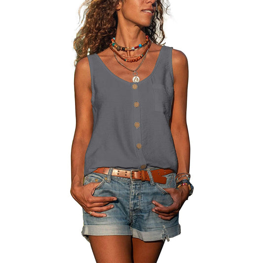 Dames Tank Top Mouwloos met U-hals en Knoopsluiting Grijs