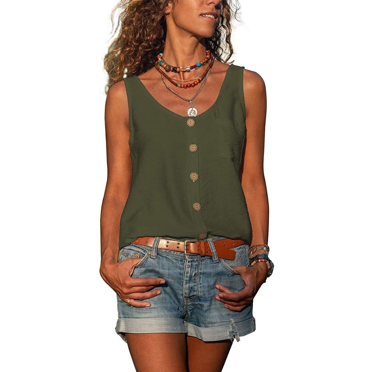Dames Tank Top Mouwloos met U-hals en Knoopsluiting Legergroen