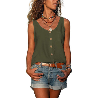 Dames Tank Top Mouwloos met U-hals en Knoopsluiting Legergroen