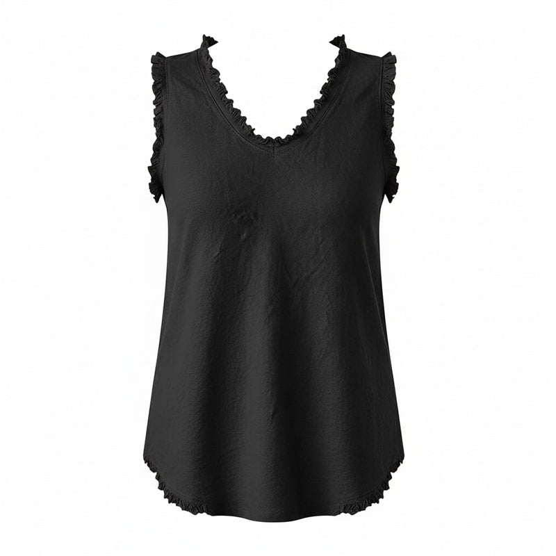 Dames Tank Top Mouwloos met V-hals en Gerafelde Randen Zwart